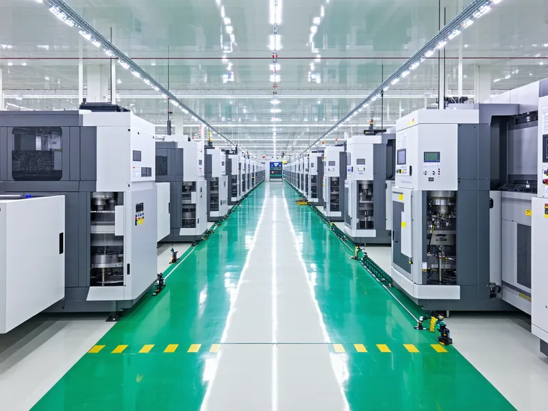 Clean Japanese discrete manufacturing floor showing precision stamping and machining equipment in organized production cells