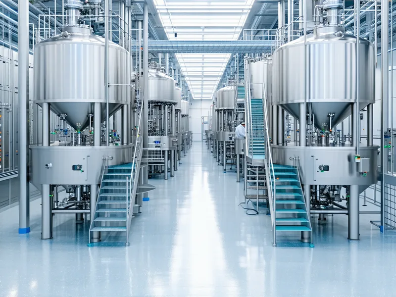 Food and beverage production facility showing automated packaging and filling lines with clean equipment