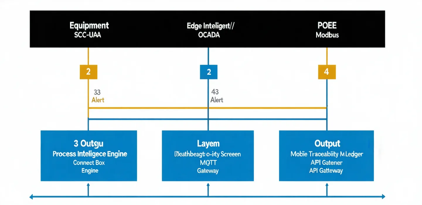 Detailed Yamastro platform architecture showing data ingestion layer (OPC-UA, Modbus, MQTT), processing engine, OEE module, alert manager, traceability ledger, and API integration outputs