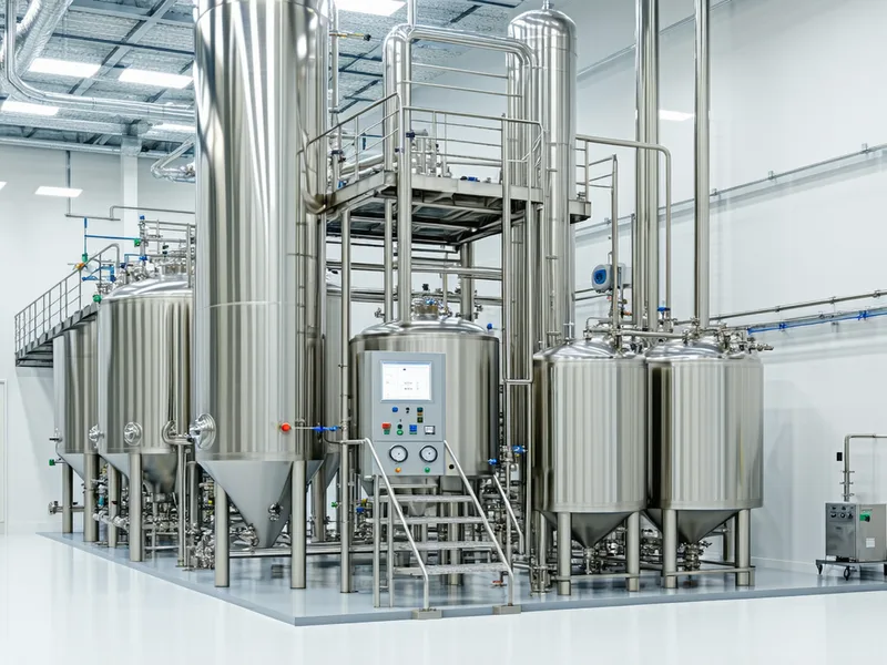 Chemical or pharmaceutical batch manufacturing facility showing clean processing vessels and batch control equipment